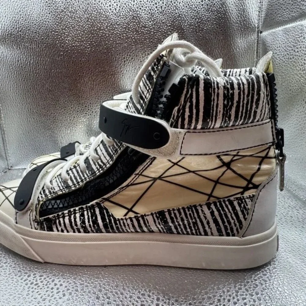 Size EU 36 Giuseppe Zanotti Mens White Black High Top Back Zip Sneakers‎